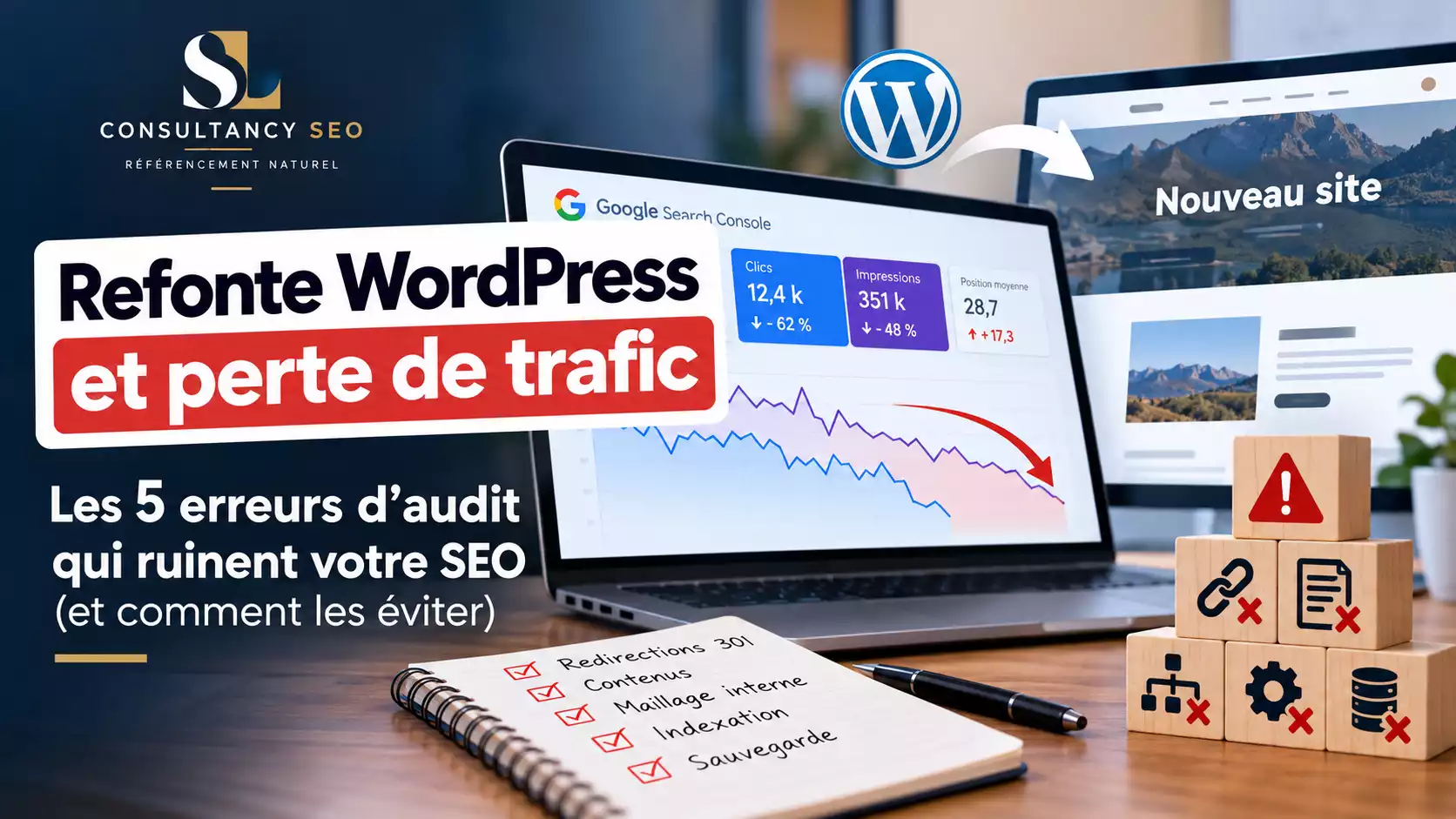 Refonte WordPress et perte de trafic SEO : analyse d'une chute de visibilité dans Google Search Console, erreurs de migration et logo SL Consultancy SEO.