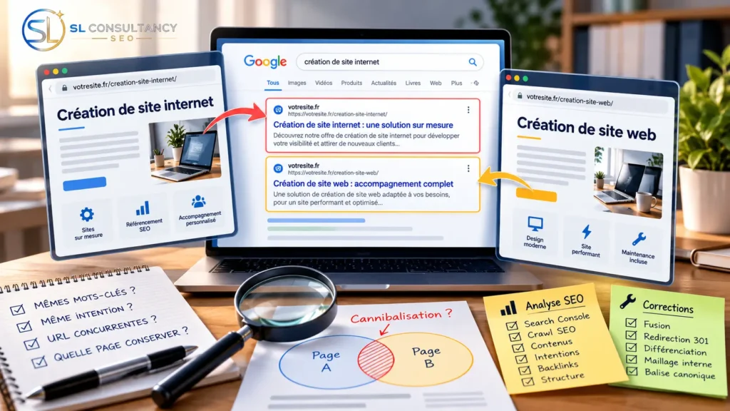 Illustration de la cannibalisation SEO : deux pages d’un même site en concurrence sur Google, avec analyse des mots-clés par SL Consultancy SEO.